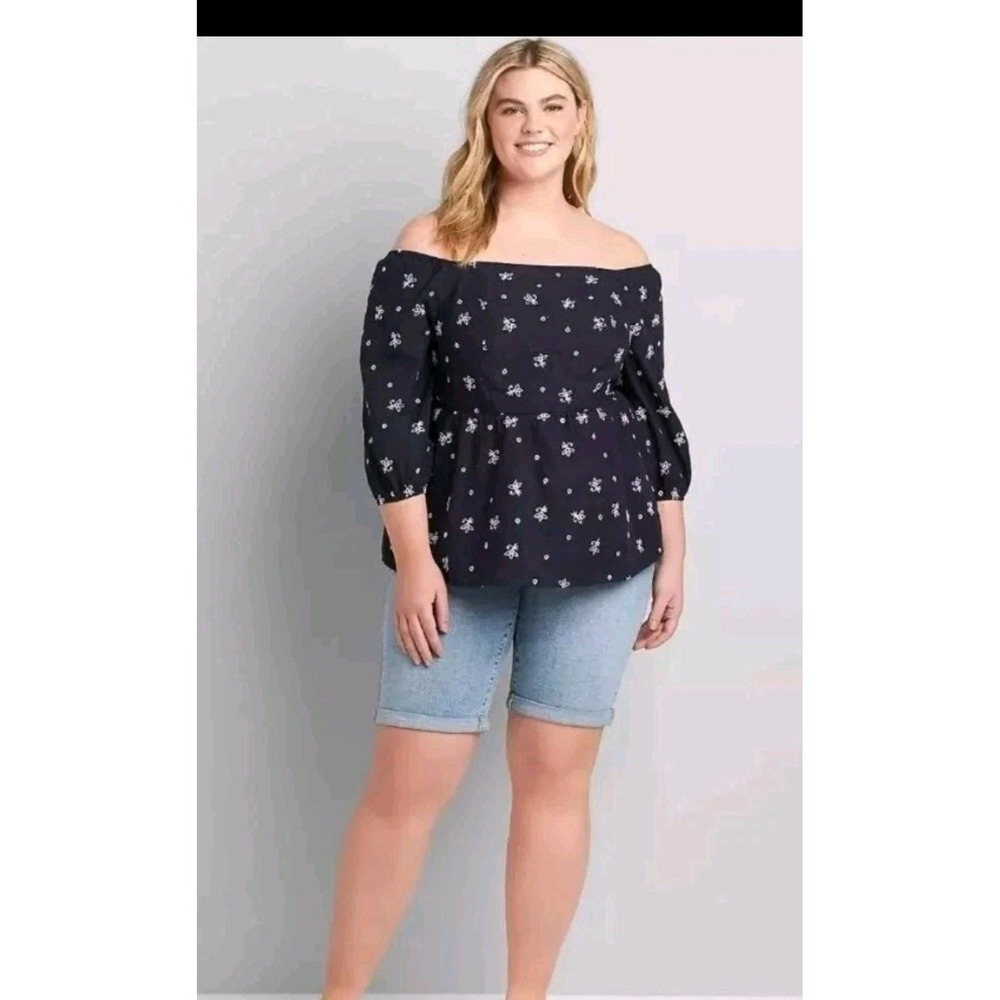 Lane Bryant Navy Blue Floral Eyelet Embroidered Babydoll Blouse Top 14 618111